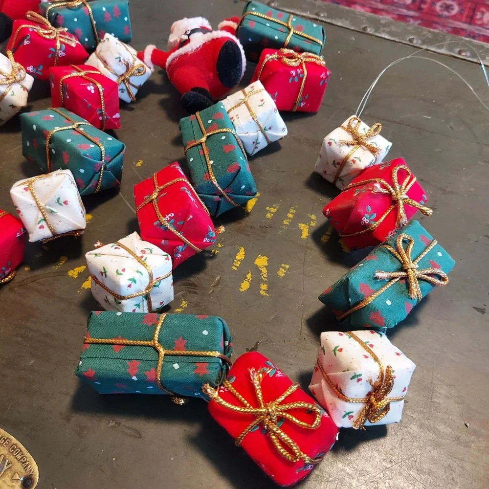 Vintage Christmas Garland 68 Inch Flocked Santa Claus Miniature Presents Kitsch